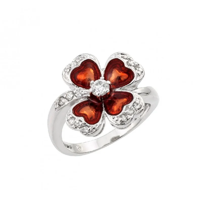 Ladies rings baroque inspired designs-Silver 925 Rhodium Plated Clear CZ Red Clover Ring - BGR00909