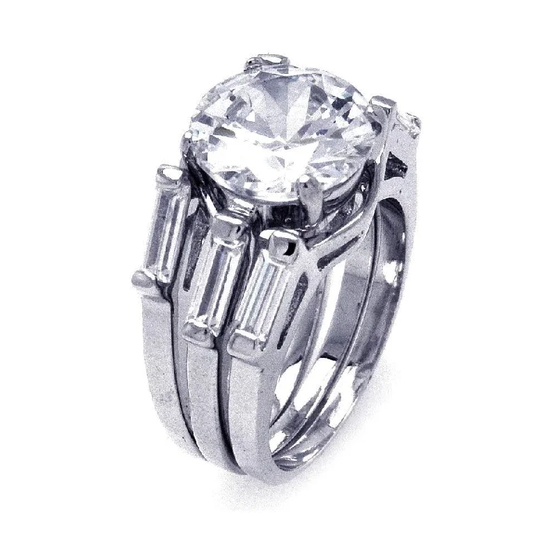 Ladies rings cushion cut rings-Silver 925 Rhodium Plated Single Round Center CZ 3 Row Bridal Ring - BGR00235