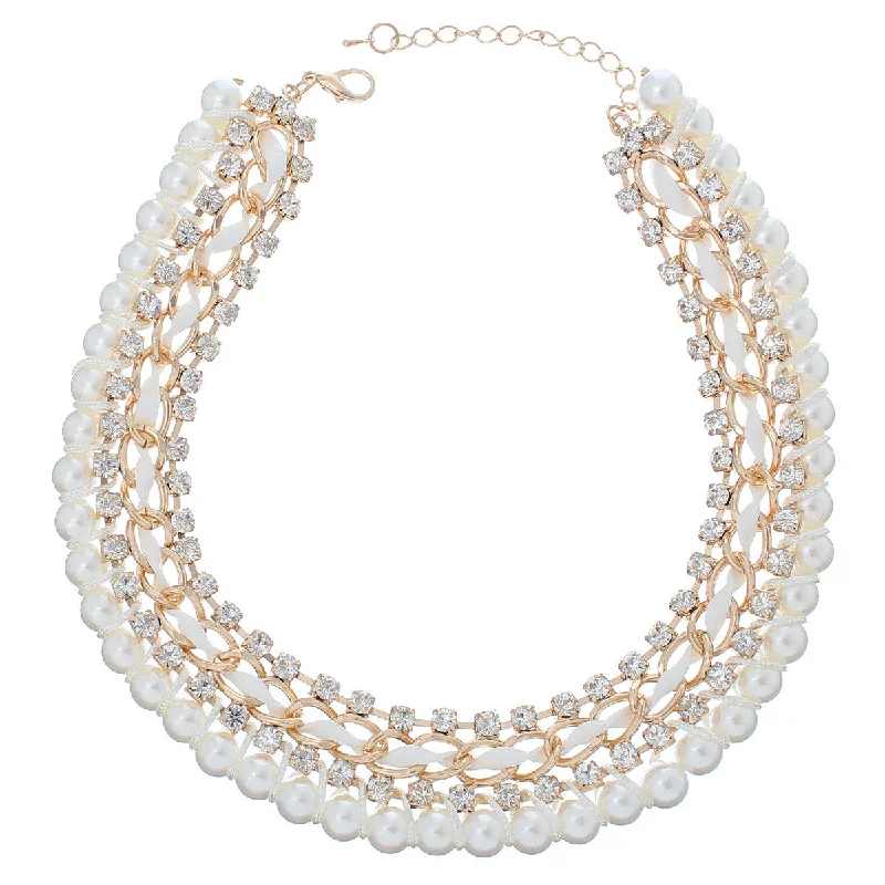 Ladies necklaces seasonal collection styles-Fashion Jewelry Necklace Gold Plated with Clear Rhinestone White Acrylic Pearl Imitation Ball 15inch