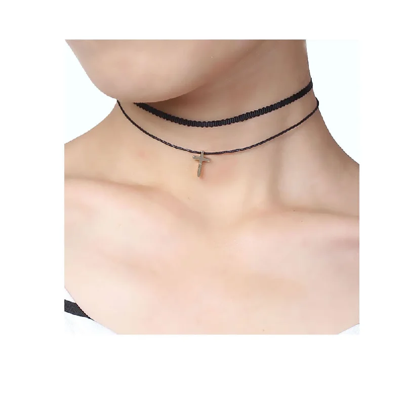 Ladies necklaces budget-friendly finds-Sexy Sparkles Cross Velvet  Choker Necklace for Women Girls Gothic Choker Bolo Tie Chokers