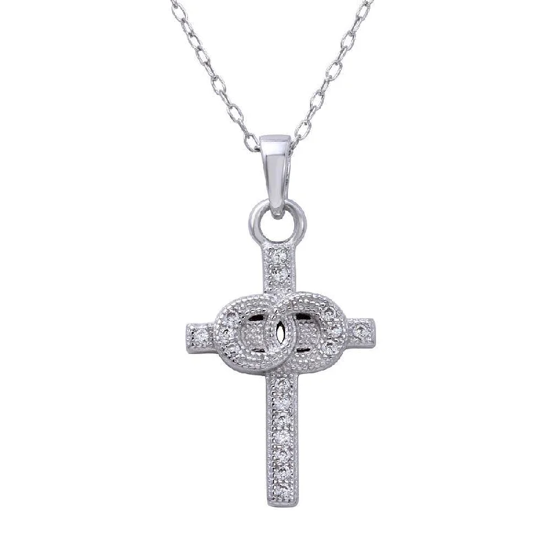 Ladies rings romantic floral styles-Rhodium Plated 925 Sterling Silver Small Cross Pendant with Linked Rings Center and CZ - STP01615