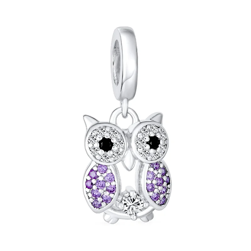 Ladies bracelets radiant shine designs-Wise Graduate Owl Bird Purple CZ Charm Bead for Students Sterling Silver Fits European Bracelet