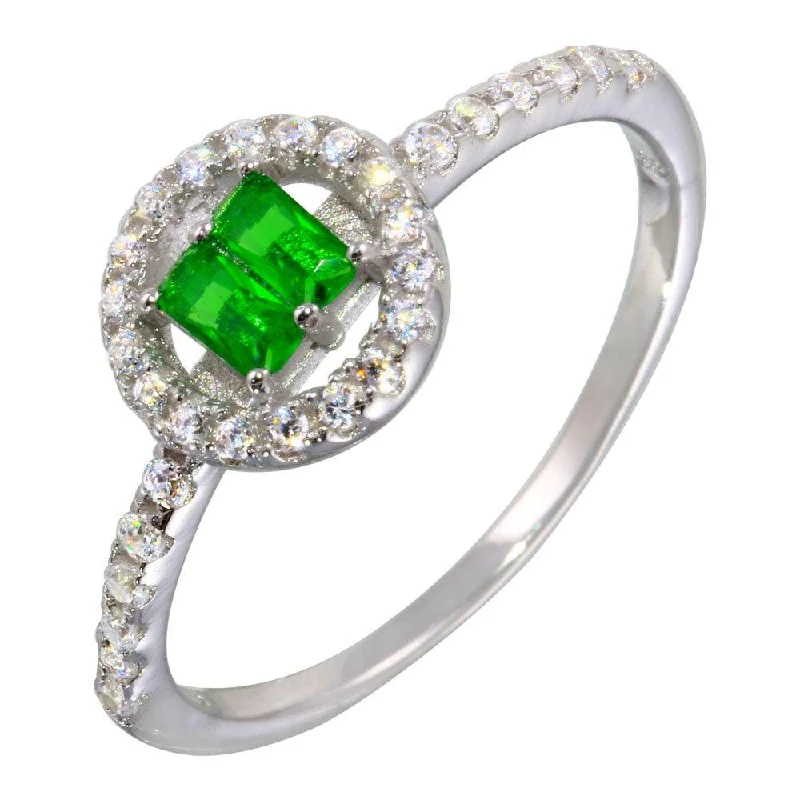 Ladies rings super wide designs-Rhodium Plated 925 Sterling Silver Green Stone Ring with CZ - BGR01140GRN