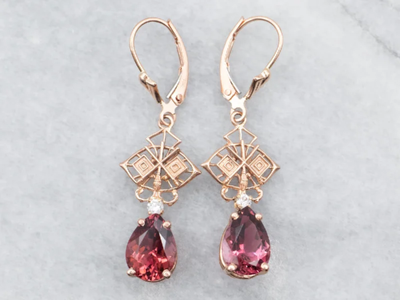 Ladies earrings neon bright earrings-Rose Gold Pink Tourmaline Drop Earrings with Diamond Accents