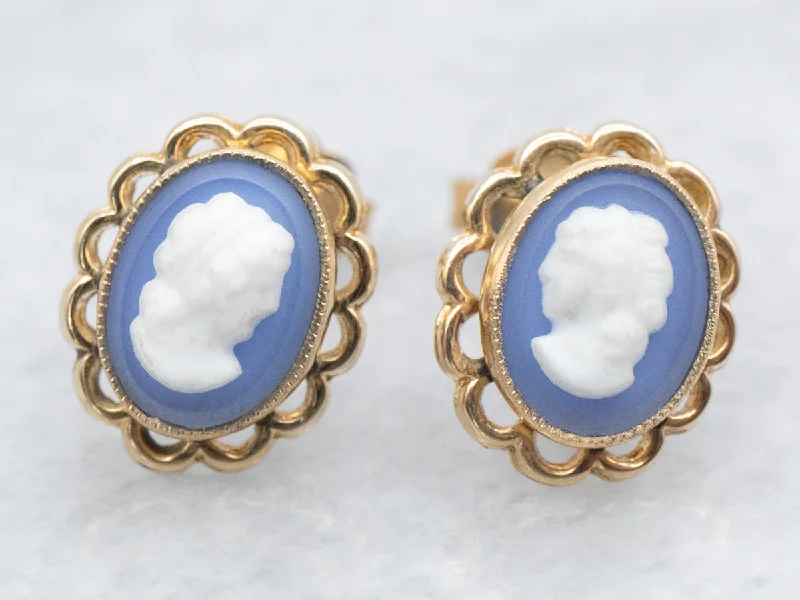 Ladies earrings soft glow styles-Blue and White Cameo Stud Earrings