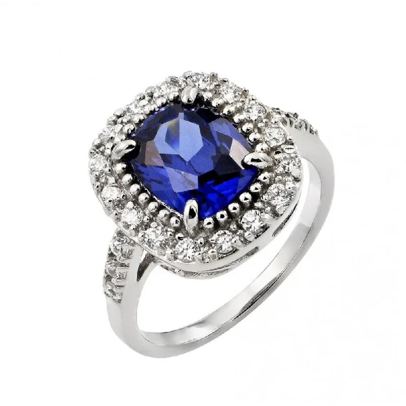 Ladies rings soft touch styles-Silver 925 Rhodium Plated Blue Square Center and Clear Cluster CZ Ring - BGR00772