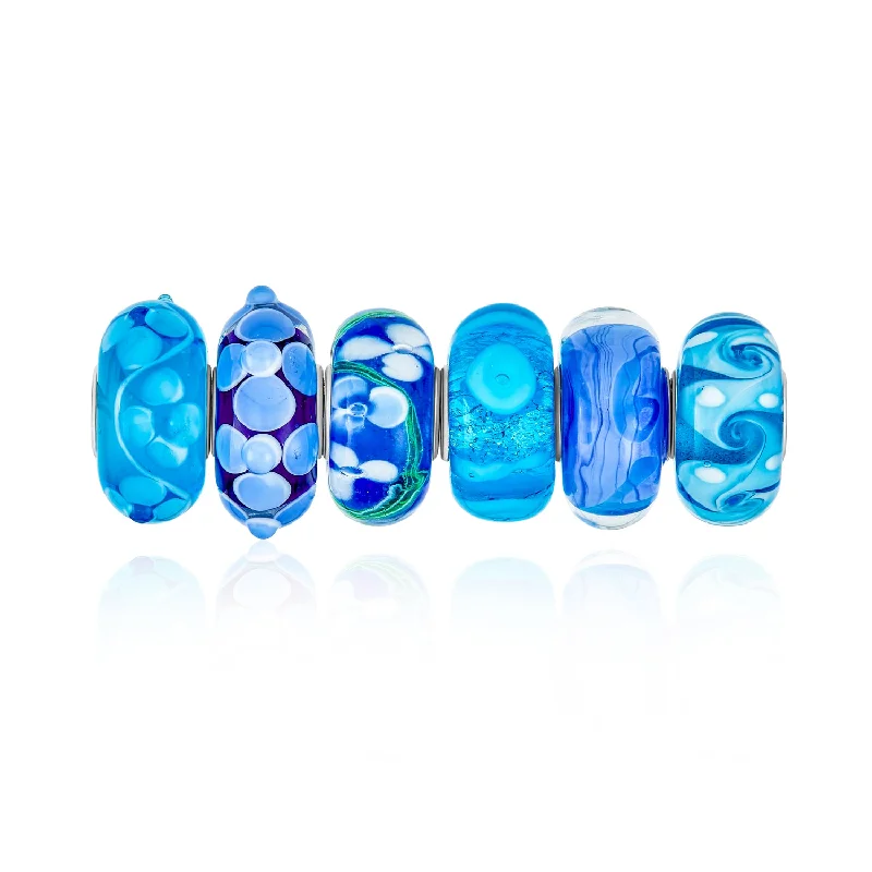 Ladies bracelets aquamarine blue designs-Mixed Set of 6 Sterling Silver Core Blue Murano Glass Charm Beads for Bracelet