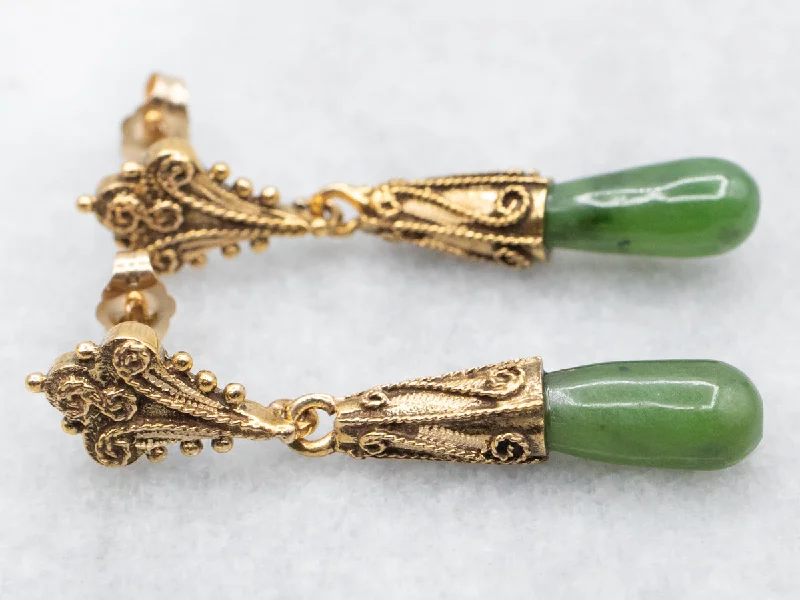 Ladies earrings pear cut designs-Scrolling Gold Nephrite Jade Drop Earrings