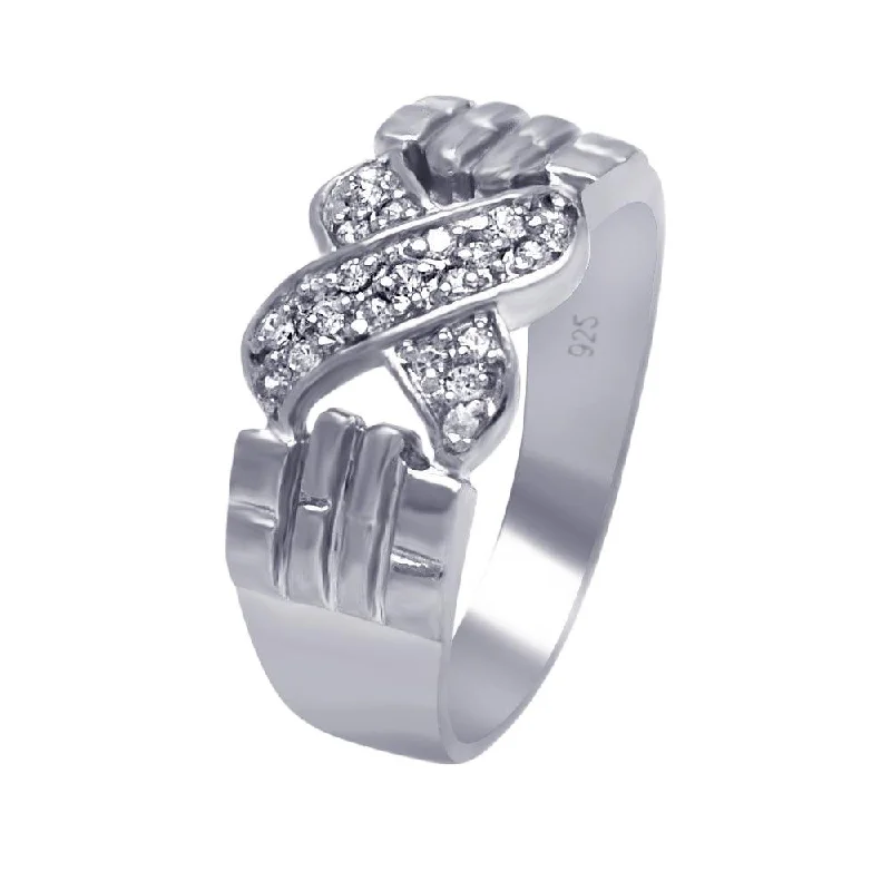 Ladies rings romantic couple sets-Clearance-Silver 925 Rhodium Plated Clear Pave CZ Hand X Ring - AAR0044