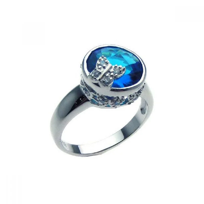 Ladies rings wedding accessory pieces-Silver 925 Rhodium Plated Blue Center CZ Butterfly Ring - STR00609