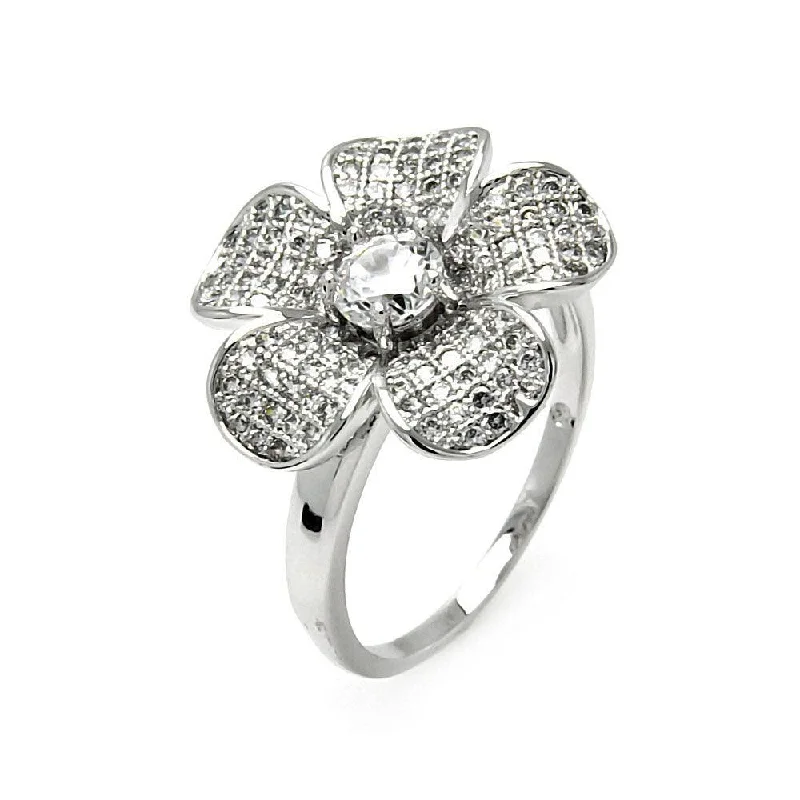 Ladies rings chunky statement designs-Silver 925 Rhodium Plated Clear Micro Pave Set CZ Flower Ring - BGR00528