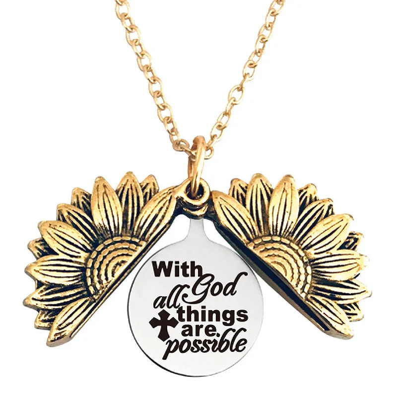 Ladies necklaces super long designs-With god All Things are Possible Stainless Steel & Alloy Sunflower Link Necklace Double Sided Opens…