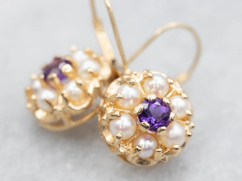 Ladies earrings birthstone accent styles-Amethyst and Seed Pearl Halo Drop Earrings