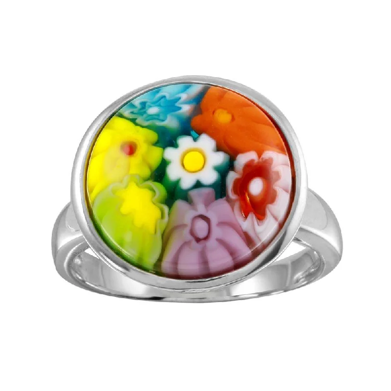 Ladies rings Thanksgiving gift rings-Rhodium Plated 925 Sterling Silver Disc Murano Glass Ring - MR00010