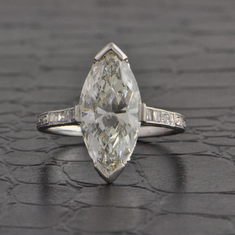 Ladies engagement rings recycled metal styles-Antique Art Deco 4.09 ct. Marquise Cut Diamond Engagement Ring in Platinum