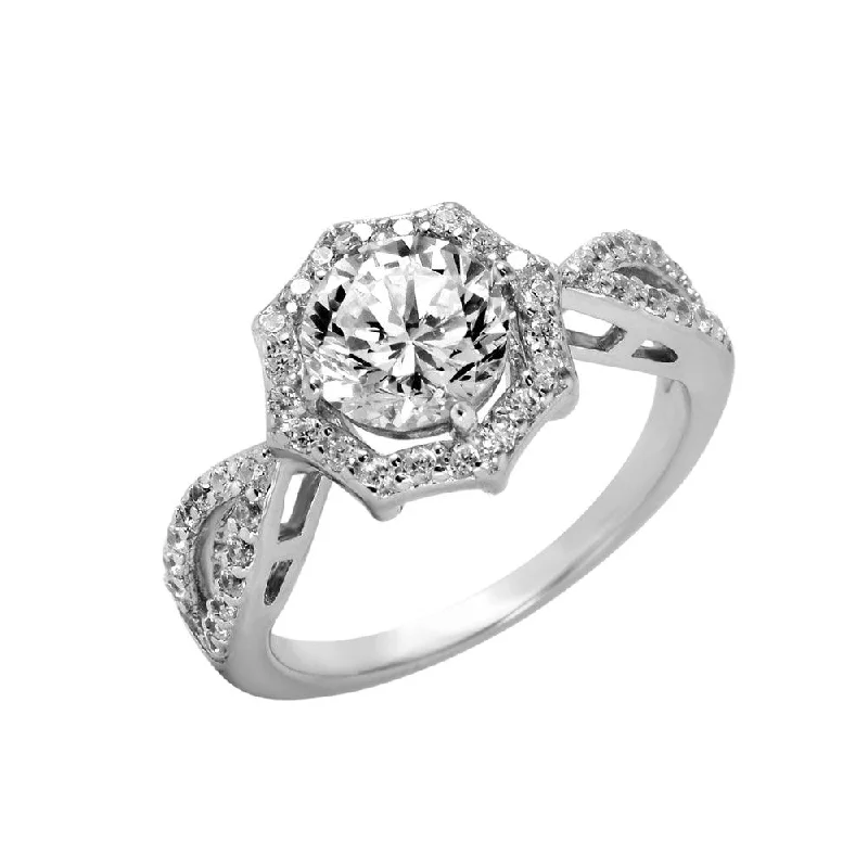 Ladies rings balanced proportion styles-Silver 925 Rhodium Plated Octagon Shaped Ring with CZ Accents Caps - BGR00992