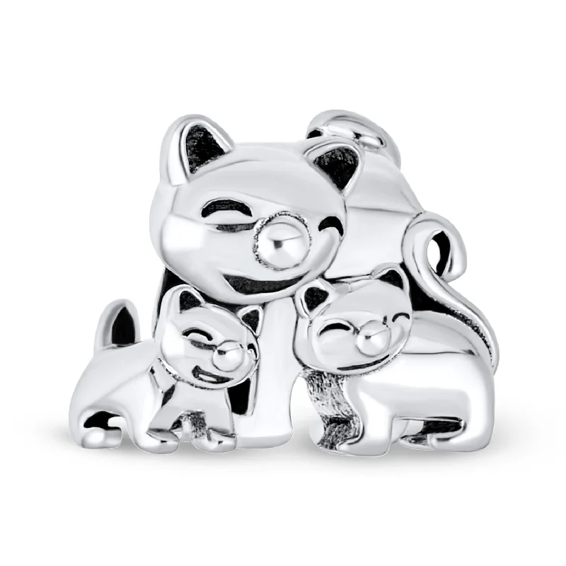 Ladies bracelets neon bright bracelets-Mommy Cat & Kittens Charm Bead Sterling Silver for European Bracelet