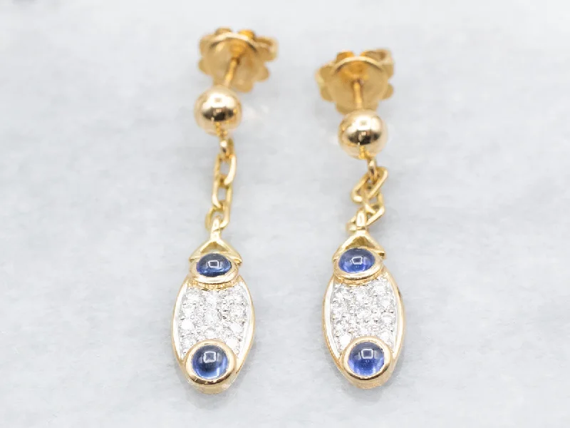 Ladies earrings minimalist art styles-Sapphire Cabochon and Diamond Gold Drop Earrings