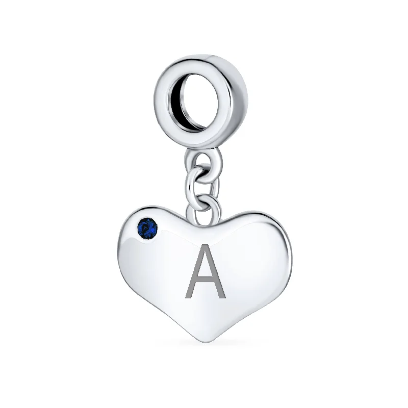 Ladies bracelets party wear glamour-Initial Alphabet Bead Charm Blue Sapphire Heart Dangle for Sterling Silver Bracelet