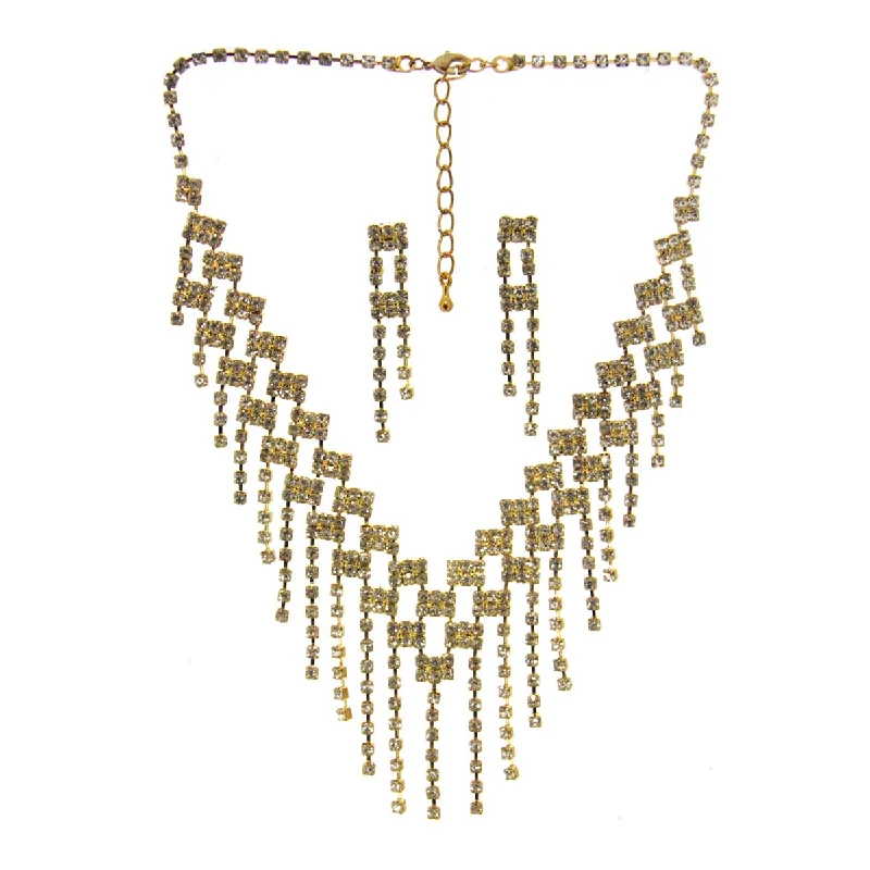 Ladies necklaces glossy finish styles-Rhinestone Necklace & Earrings Gold