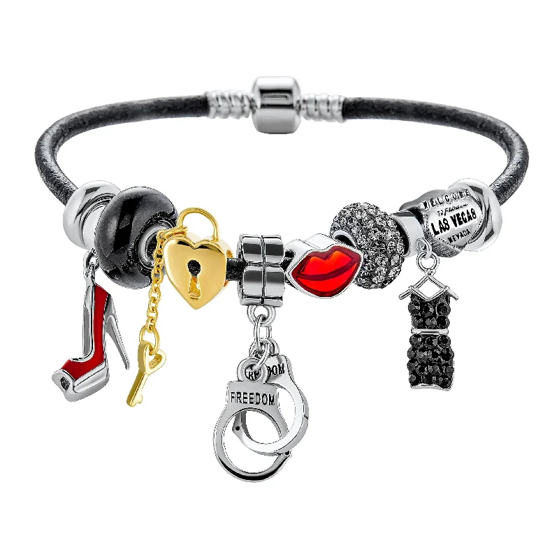 Ladies bracelets autumn tone styles-Hot Wife Partners in Crime Heart Charm Bracelet Black Leather Sterling Silver 6.5-8"