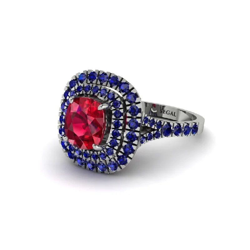 Ladies engagement rings twisted halo rings-Ruby Double Halo Cushion Cut Engagement Ring - Courtney No. 72