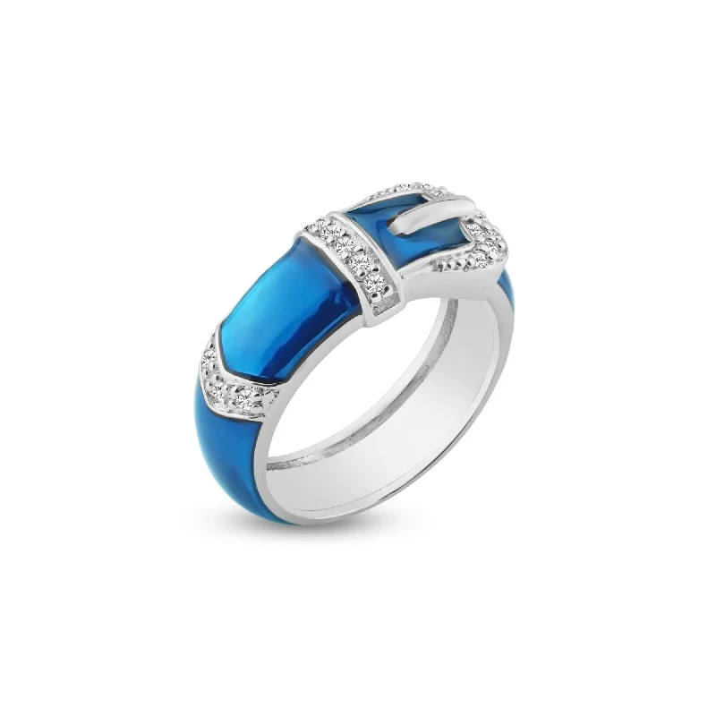 Ladies rings glitter accent styles-Silver 925 Rhodium Plated Blue Enamel CZ Belt Buckle Ring - STR00614