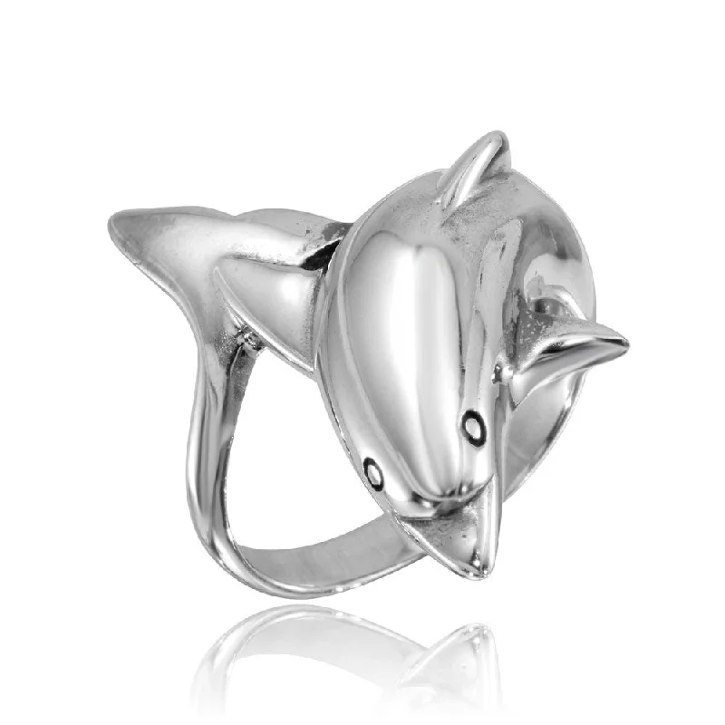 Ladies rings symmetrical balance styles-High Polished 925 Sterling Silver Dolphin Ring - CR00746