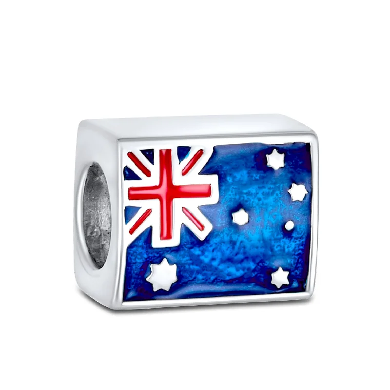 Ladies bracelets natural stone designs-Australian Flag Charm Bead Sterling Silver for European Bracelet - Red White Blue