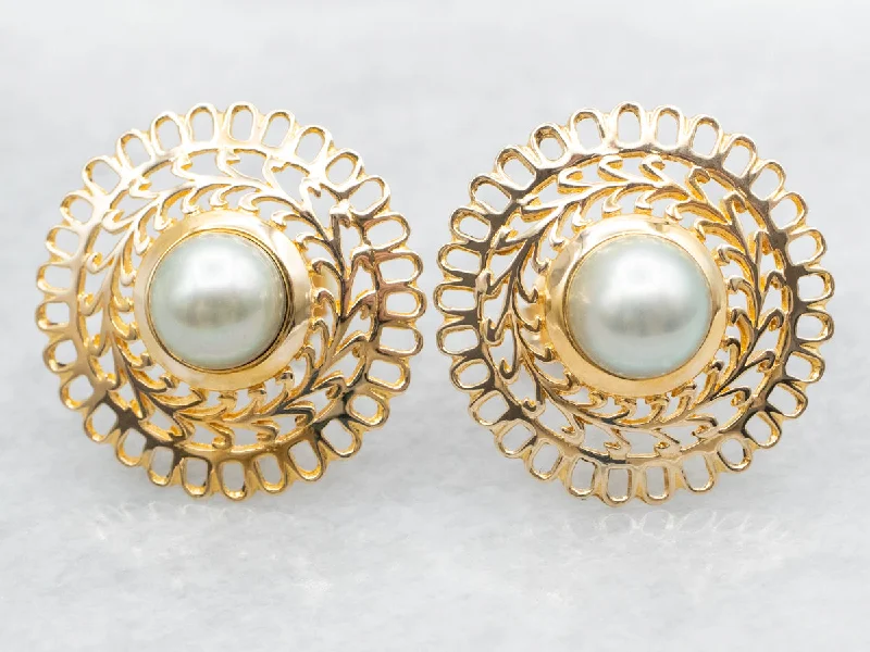 Ladies earrings sci-fi inspired earrings-Gray Pearl Stud Earrings with Openwork Frame