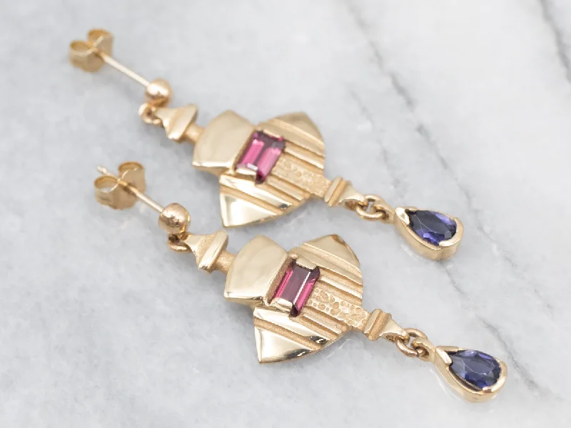 Ladies earrings classic revival designs-Pink Tourmaline and Iolite Drop Earrings