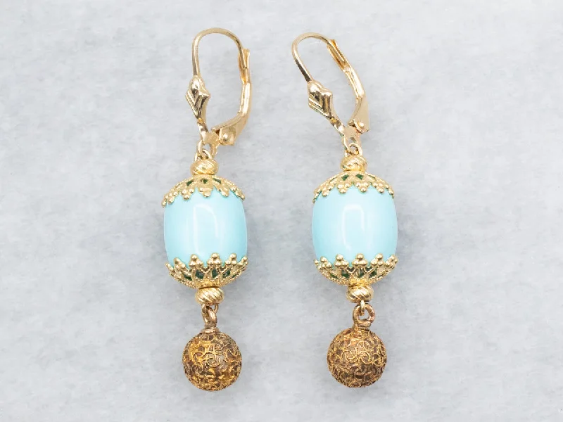 Ladies earrings textured drop designs-Yellow Gold Turquoise Bead Drop Earrings