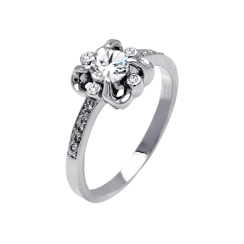 Ladies rings simple shape rings-Silver 925 Rhodium Plated Round Clear Center CZ Flower Ring - BGR00478