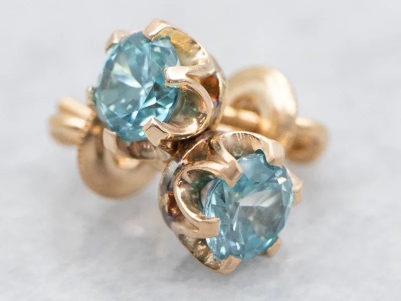 Ladies earrings travel-friendly designs-Screwback Blue Zircon Stud Earrings in Gold Buttercup Setting