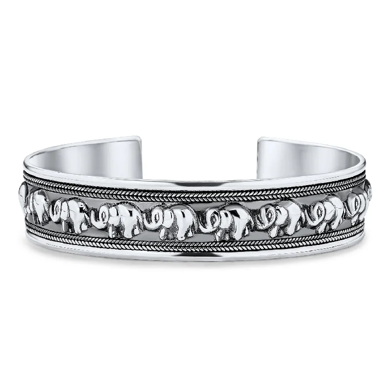 Ladies bracelets beaded accent designs-Bali Style Elephant Cuff Bracelet in Oxidized Sterling Silver for Good Luck