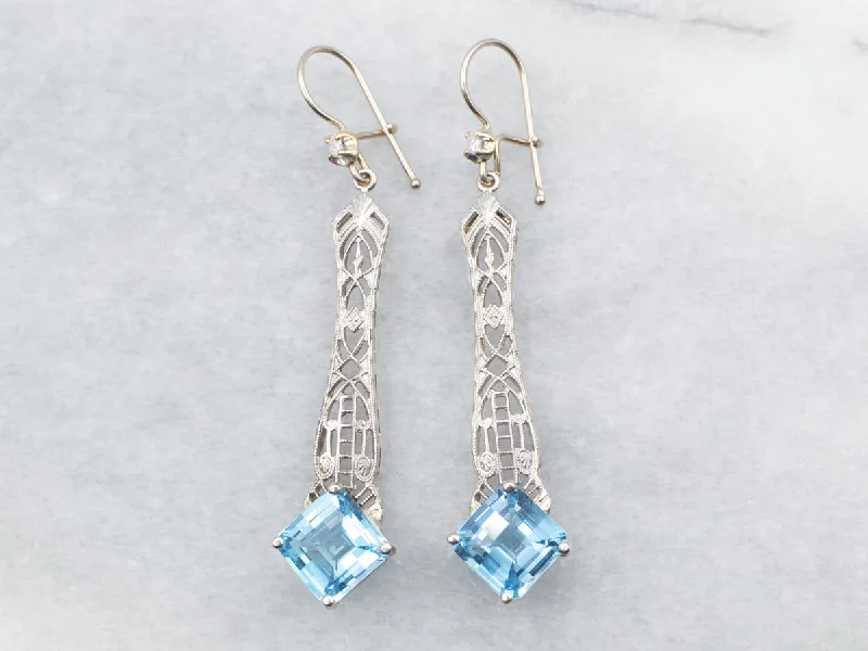 Ladies earrings black diamond earrings-White Gold Blue Topaz Filigree Drop Earrings with Diamond Accent