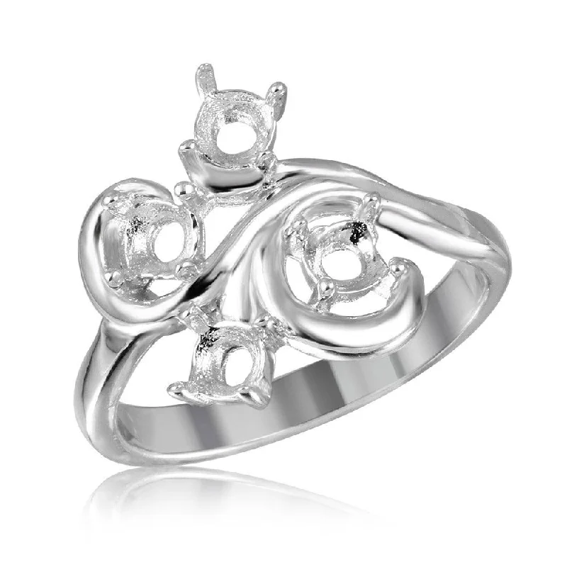 Ladies rings diamond accent pieces-Silver 925 Rhodium Plated Vine Design 4 Stones Mounting Ring - BGR01208