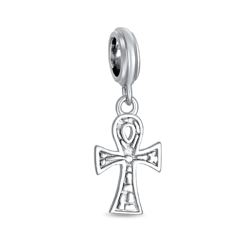 Ladies bracelets handmade craft pieces-Egyptian Ankh Cross Dangle Charm Bead in Oxidized Sterling Silver for Bracelets