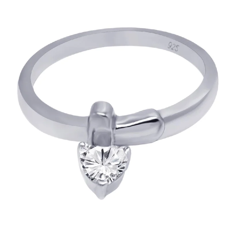 Ladies rings matte gem rings-Silver 925 Rhodium Plated CZ Dangling Heart Ring - AAR0051