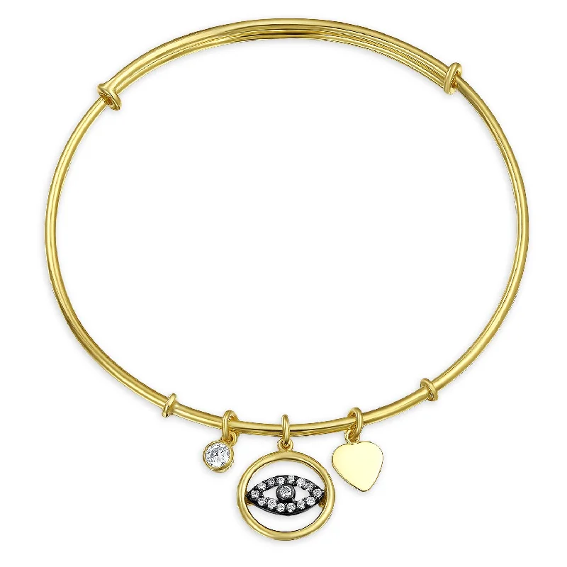 Ladies bracelets turquoise detail bracelets-Evil Eye Heart Charm Bangle Bracelet CZ Gold Plated Sterling Silver