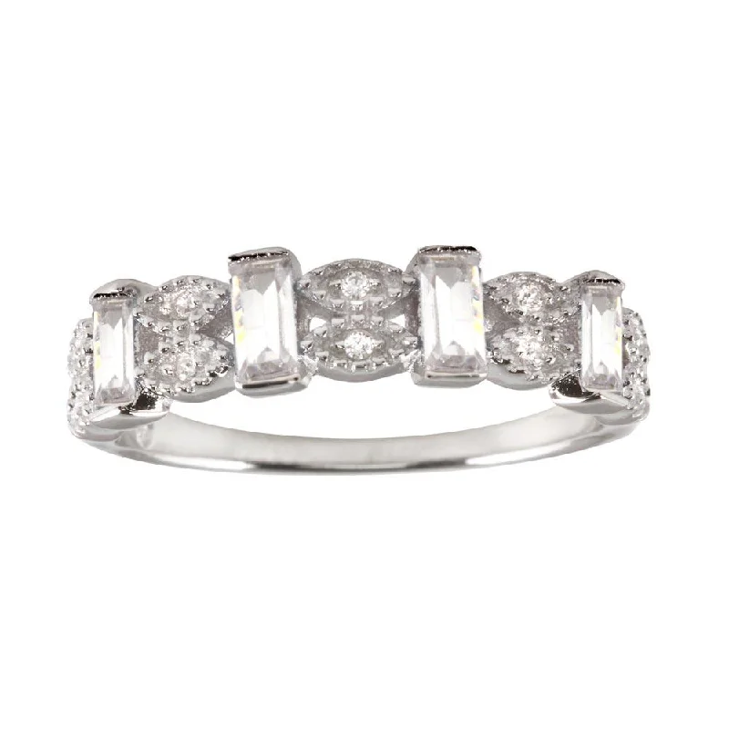 Ladies rings quiet luxury rings-Rhodium Plated 925 Sterling Silver Clear Bar CZ Link Ring - BGR01223CLR