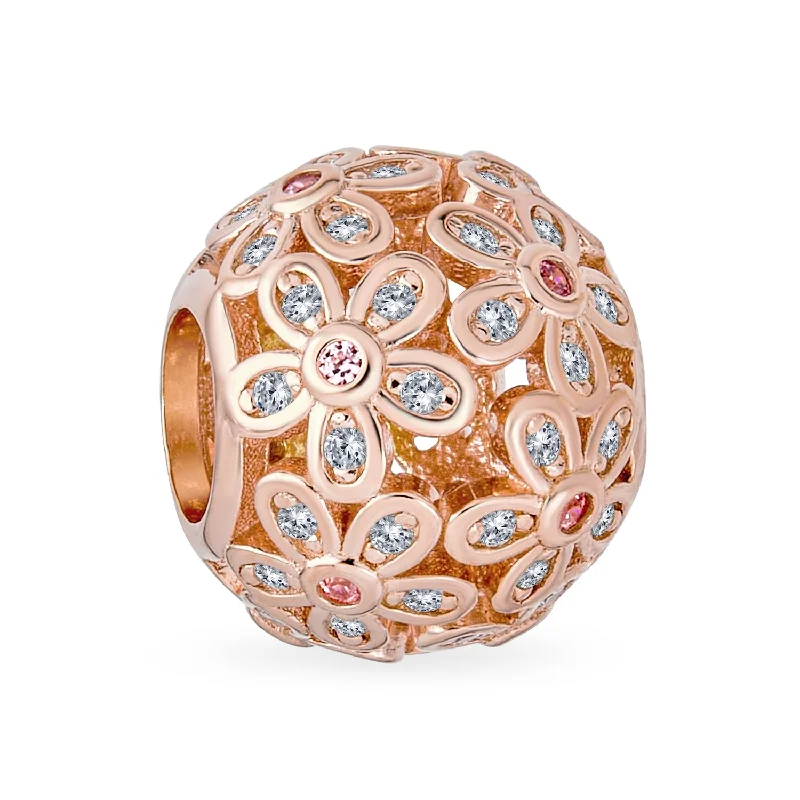 Ladies bracelets eye-catching designs-Round Clear Floral CZ Bouquet Charm Bead Rose Gold for European Bracelet