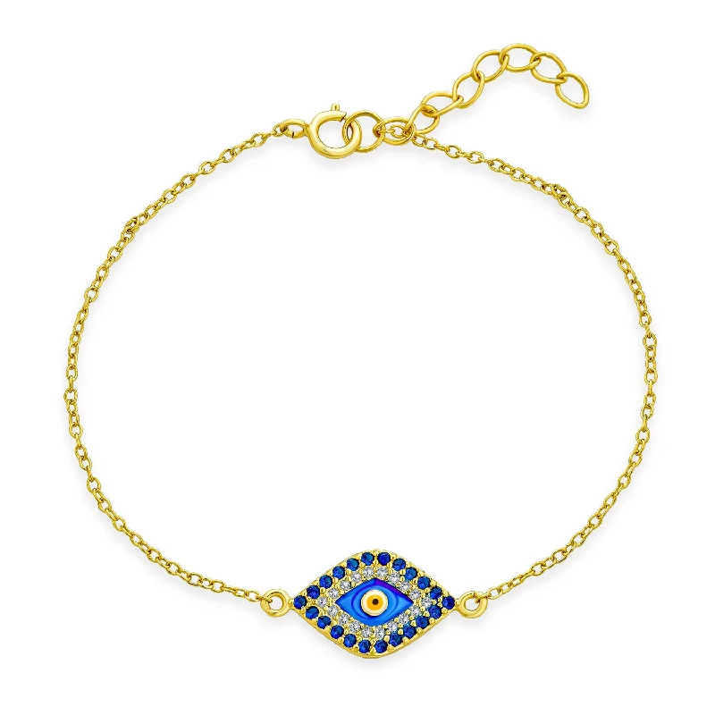 Ladies bracelets thin chain bracelets-Delicate Tiny Evil Eye Charm Bracelet CZ Gold Plated .925 Silver