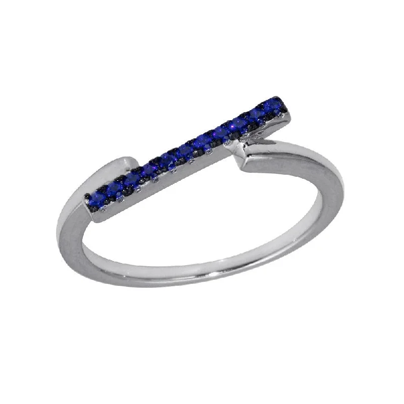 Ladies rings travel-friendly designs-Rhodium Plated 925 Sterling Silver Blue CZ Bar Ring - BGR01234BLU