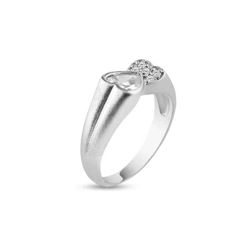 Ladies rings Valentine’s Day specials-Silver 925 Rhodium Plated Clear CZ Double Heart Ends Ring - AAR0004