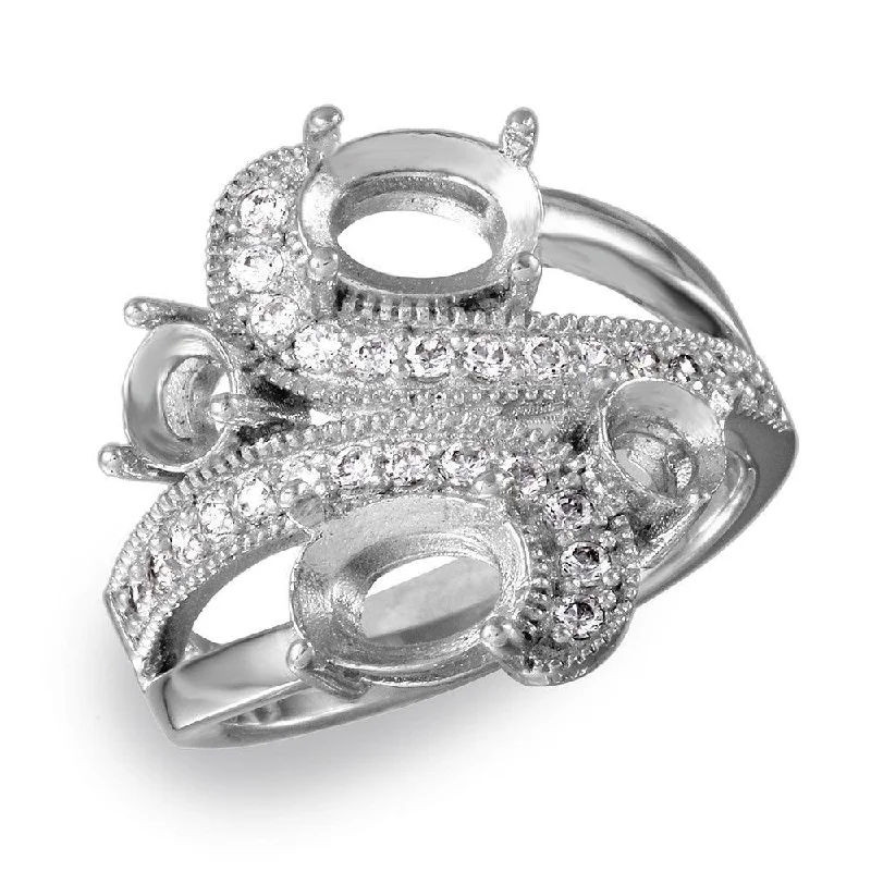 Ladies rings halo accent styles-Silver 925 Rhodium Plated 4 Mounting Stones Wave Cz Design Ring - BGR00817