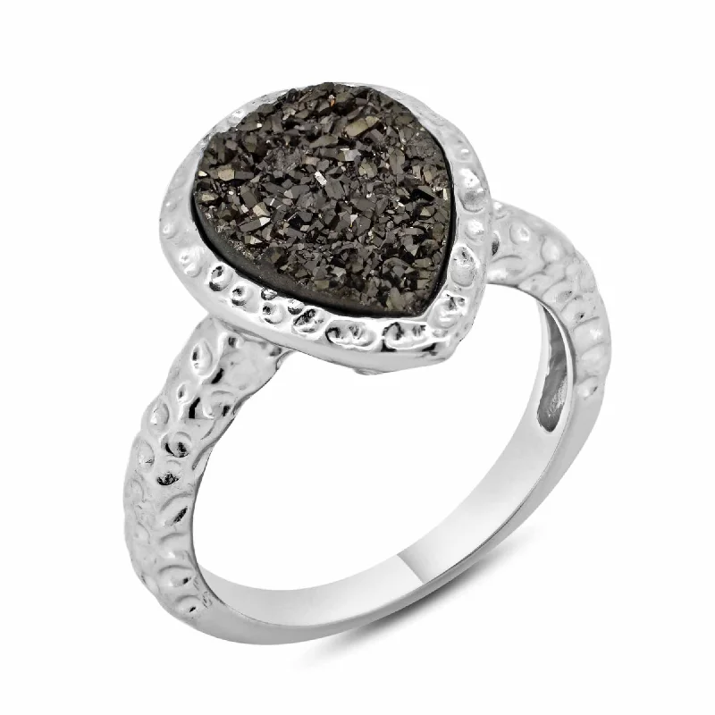 Ladies rings Victorian era styles-Silver 925 Rhodium Plated Pear Brown Druzy Gemstone Ring - BGR00748