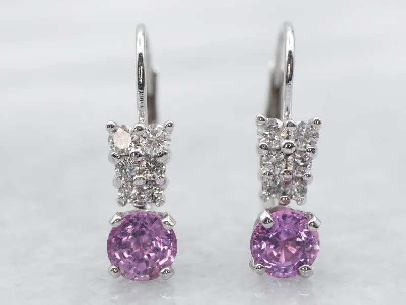 Ladies earrings yellow diamond earrings-White Gold Pink Sapphire and Diamond Drop Earrings