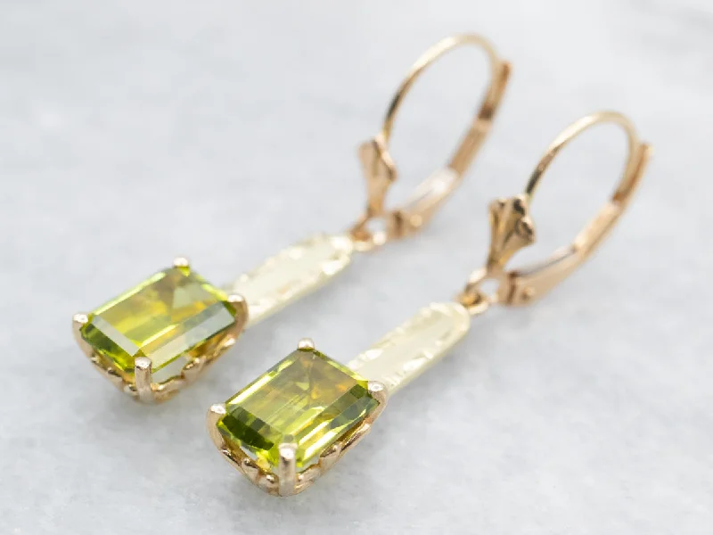 Ladies earrings adjustable fit earrings-Peridot and Gold Bar Drop Earrings