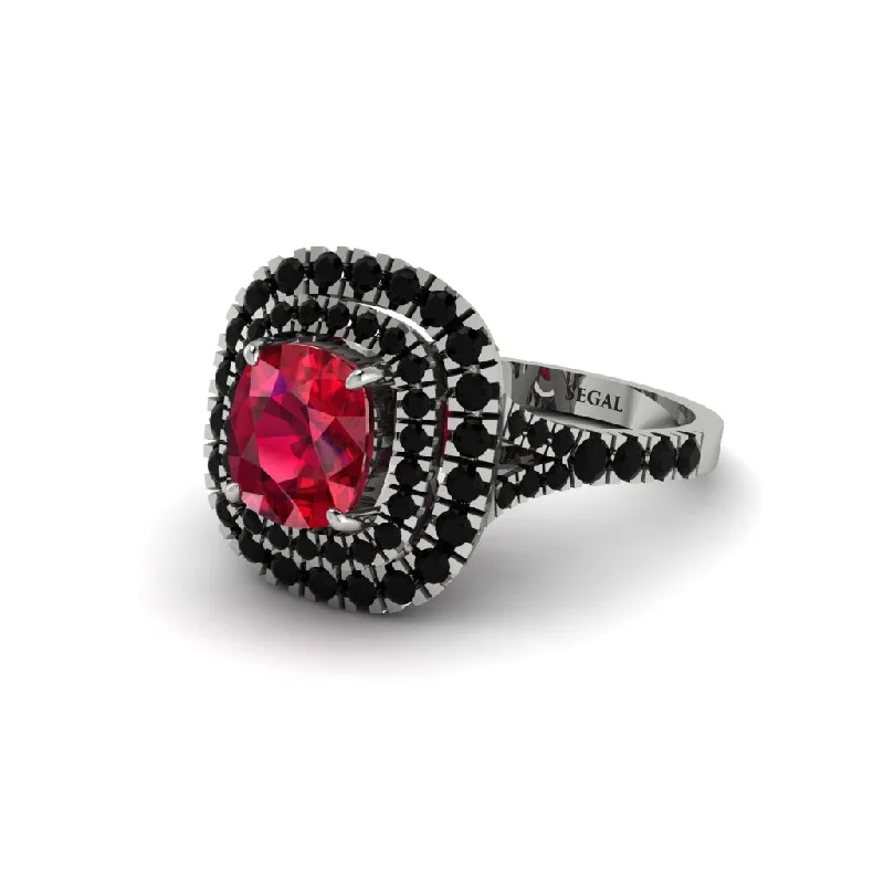 Ladies engagement rings delicate solitaires-Ruby Double Halo Cushion Cut Engagement Ring - Courtney No. 42